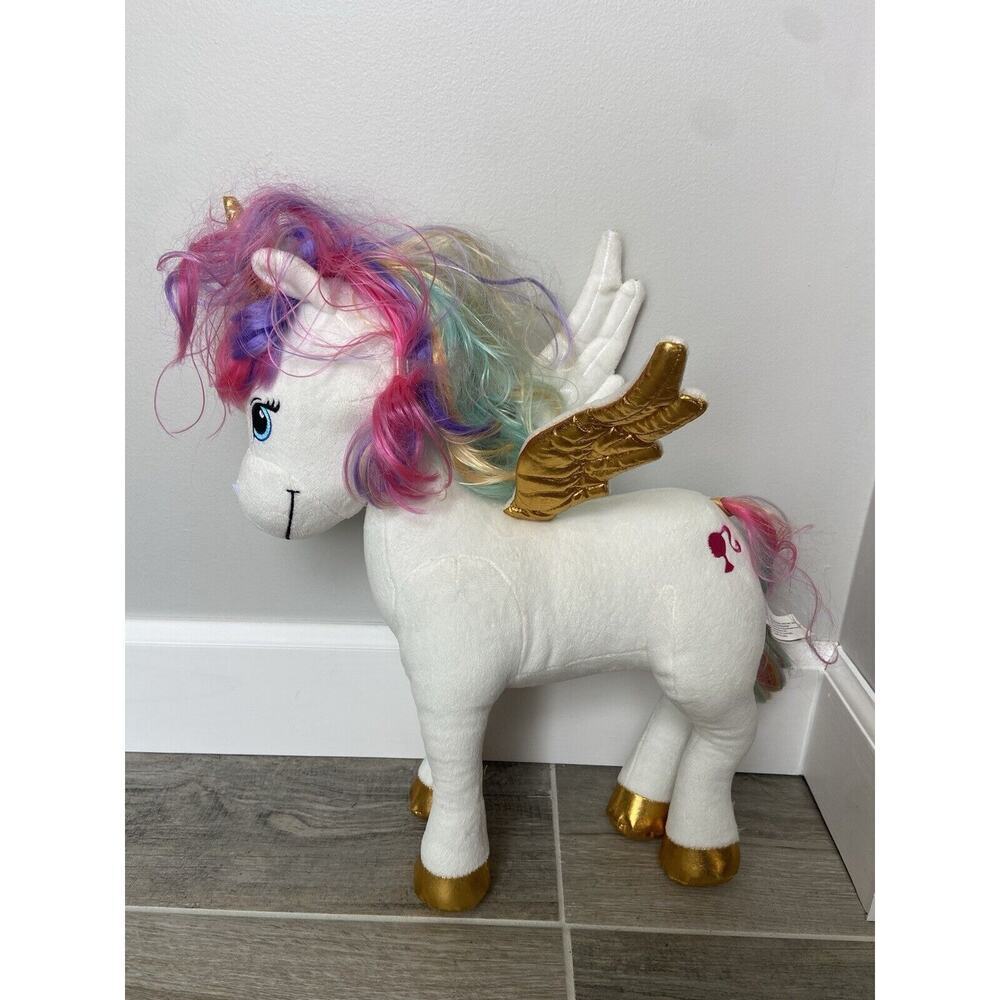Barbie Dreamtopia Rainbow Unicorn Plush Toy White Gold Wings Rainbow Hair - Picture 1 of 12